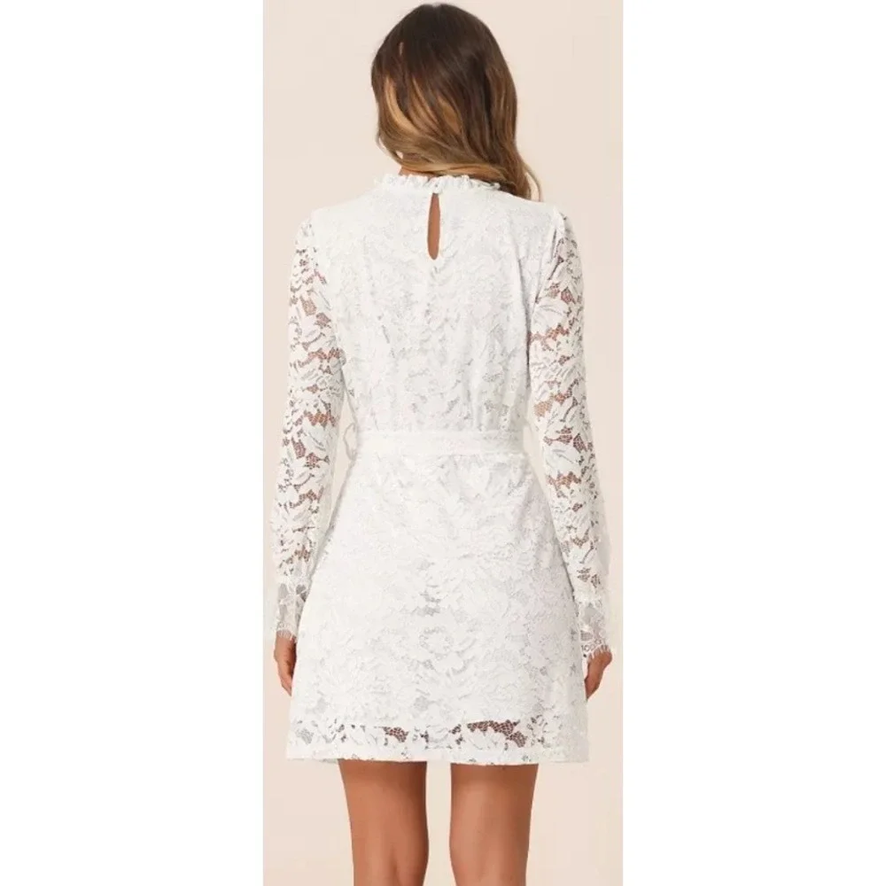 Allegra K White Lace Mock Neck Long Sleeve Mini Dress Women's Size L NWT NO BELT - Picture 2 of 11